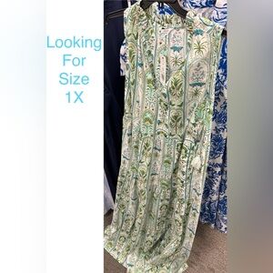 Looking For Crown and Ivy Plus 1X Palm Stripe Ivory Floral Ruffle Neck Dress